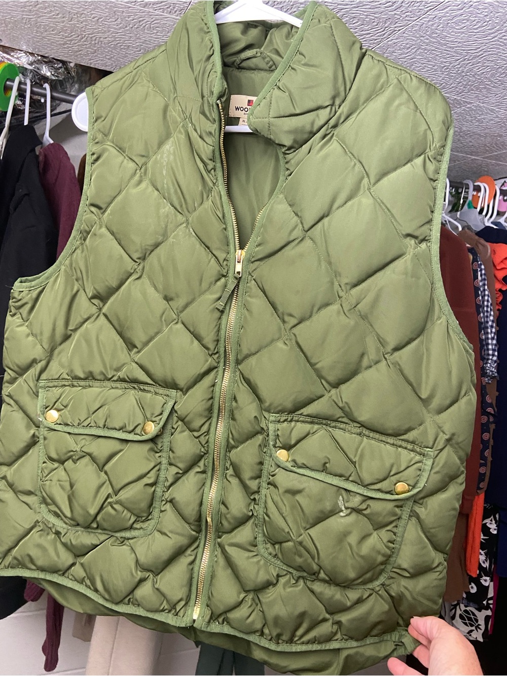 Woolrich Olive Quilted Vest with Stand Collar